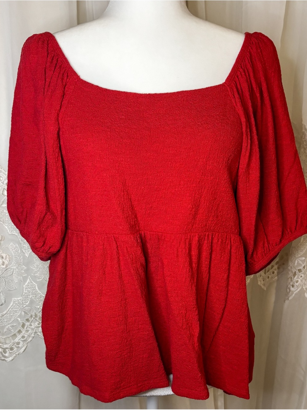 Madewell Textured Puff Sleeve Peplum Top Red Medium